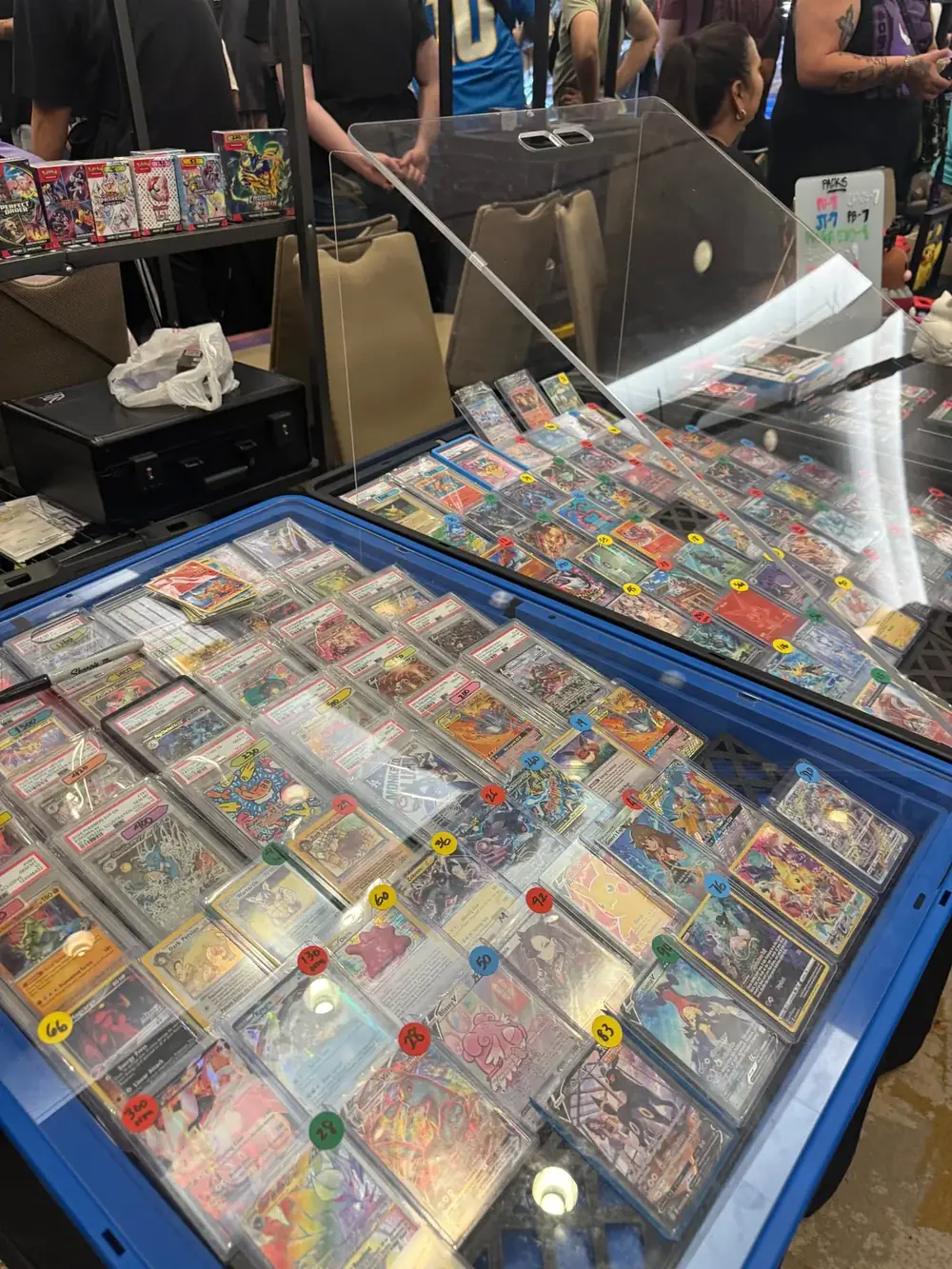 Close-up of a case full of graded Pokémon slabs and priced singles at The Cactus TCG Show in Arizona